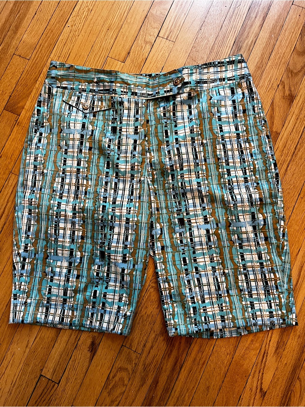 Sport Haley Aqua Gold Plaid Women's
Sz 8 Bermuda Golf Shorts Stretch Preppy Mod